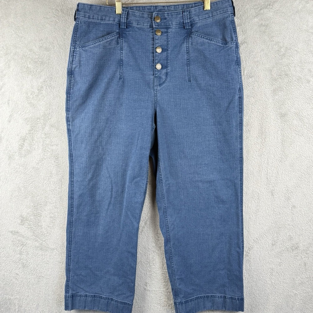 Duluth Trading Co Jeans Womens 16 Cropped Blue Denim Button Fly Pockets Hi Rise